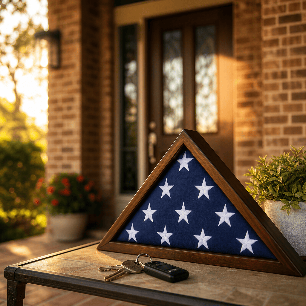 A folded flag and house keys on a Houston front porch — VA loans in Houston help veterans buy with zero down
