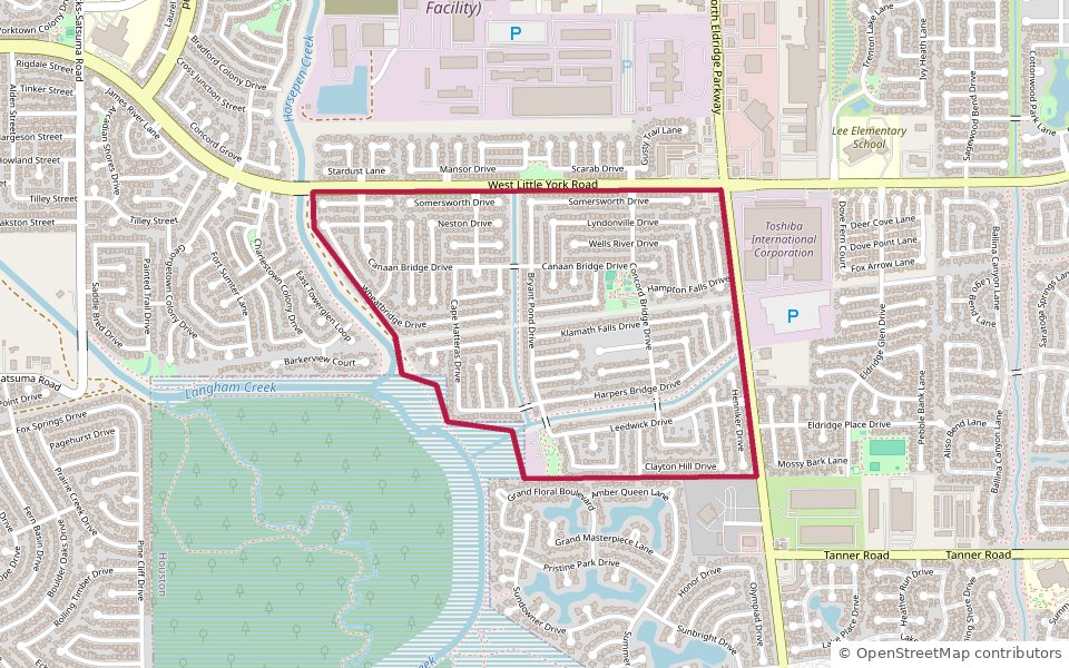 Map of Concord Bridge in Houston, TX 77041, south of West Little York Road and west of North Eldridge Parkway, with Horsepen Creek and Addicks Reservoir to the southwest