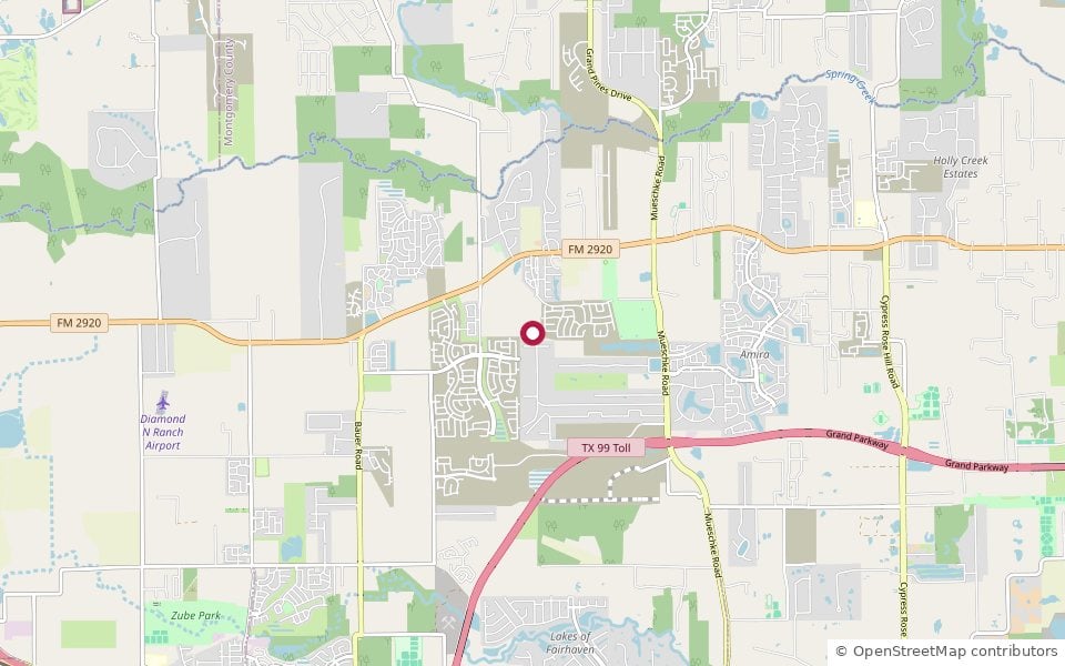 Map showing the location of Cypress Green south of FM 2920 between Hopfe Road and Mueschke Road in Hockley, TX 77447
