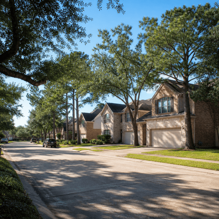 Single-family starter homes on a tree-lined street in Cypress, TX, the kind a first-time home buyer in Cypress shops