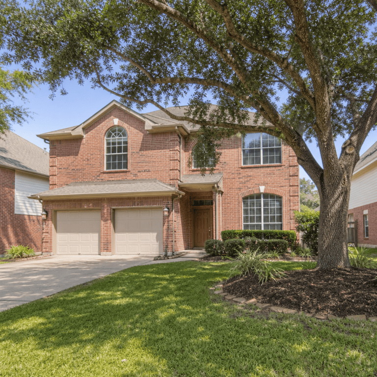 Two-story brick home with a mature oak tree in a Houston, Texas neighborhood, typical of homes for sale in Houston between $400,000 and $450,000
