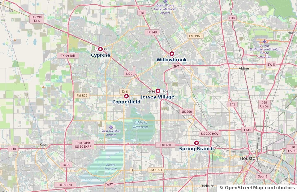 Map of northwest Houston showing Jersey Village, TX on US-290 near Beltway 8, with Copperfield, Cypress, Willowbrook and Spring Branch nearby