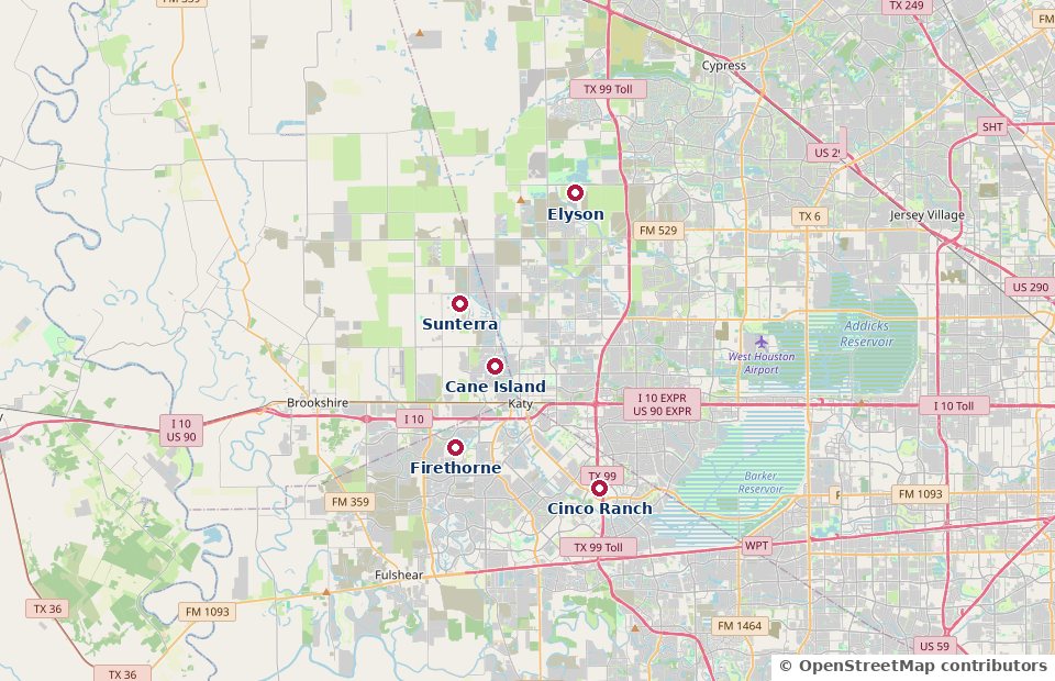 Map of Katy, Texas showing Cinco Ranch, Firethorne, Cane Island, Elyson, and Sunterra along I-10 and the Grand Parkway