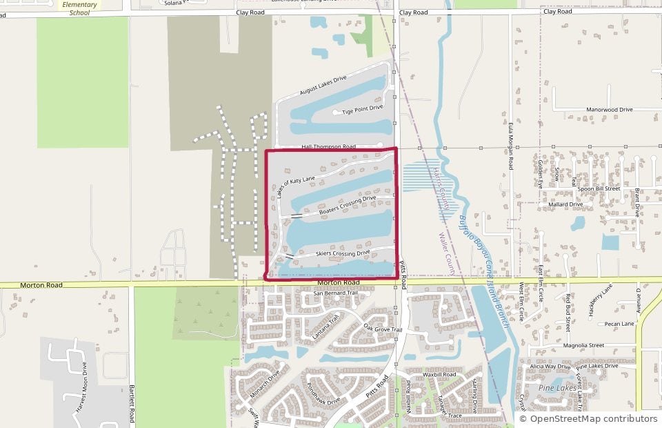 Map of Lakes of Katy in Katy, TX 77493 — the gated lake community north of Morton Road and west of Pitts Road, south of August Lakes
