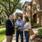 A real estate broker talking with a couple on the front walk of a northwest Houston home, the local expert a buyer needs to purchase a home in northwest Houston