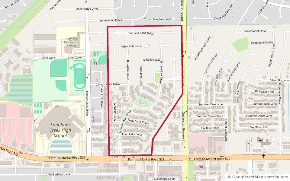Map of Sheffield in Houston, TX 77095 — the recorded plats west of Queenston Boulevard and north of FM 529, beside Langham Creek High School