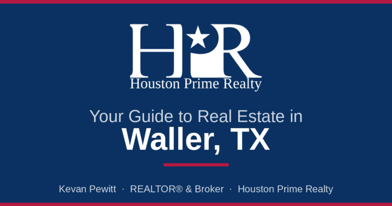 Houston Prime Realty card reading Your Guide to Real Estate in Waller, TX, for Waller REALTOR® Kevan Pewitt