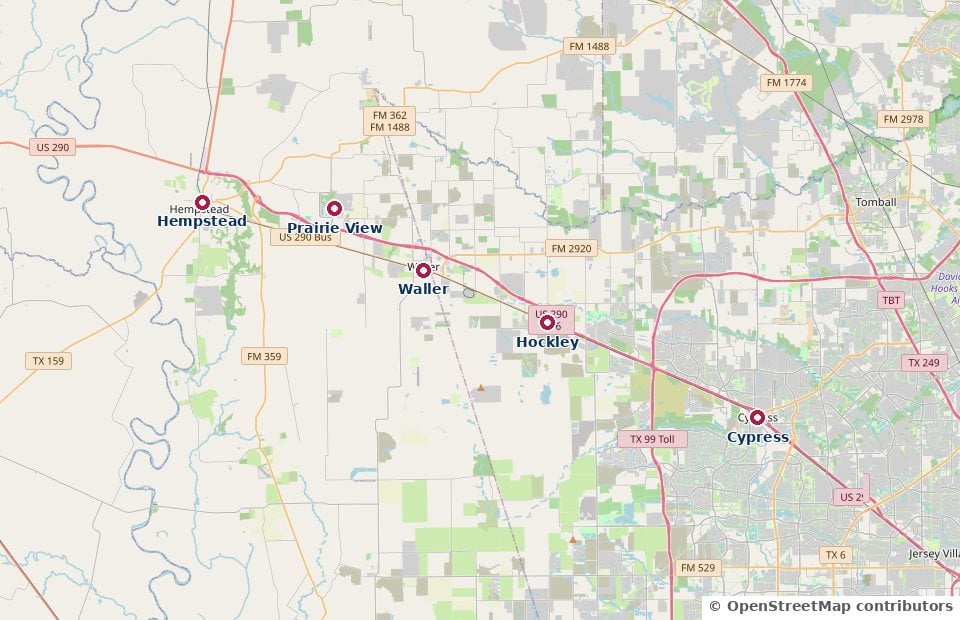Map of the US-290 corridor showing Waller, TX between Prairie View and Hempstead to the northwest and Hockley and Cypress to the southeast