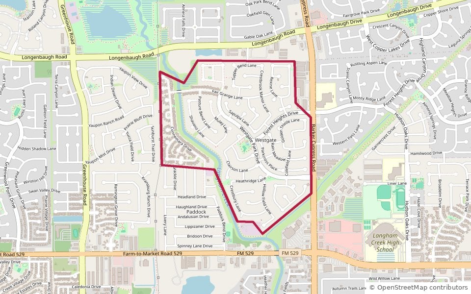 Map of Westgate on the west side of Barker Cypress Road in Cypress, TX 77433, with Langham Creek running through it