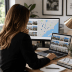 Real estate agent reviewing the Houston MLS listing database on a laptop