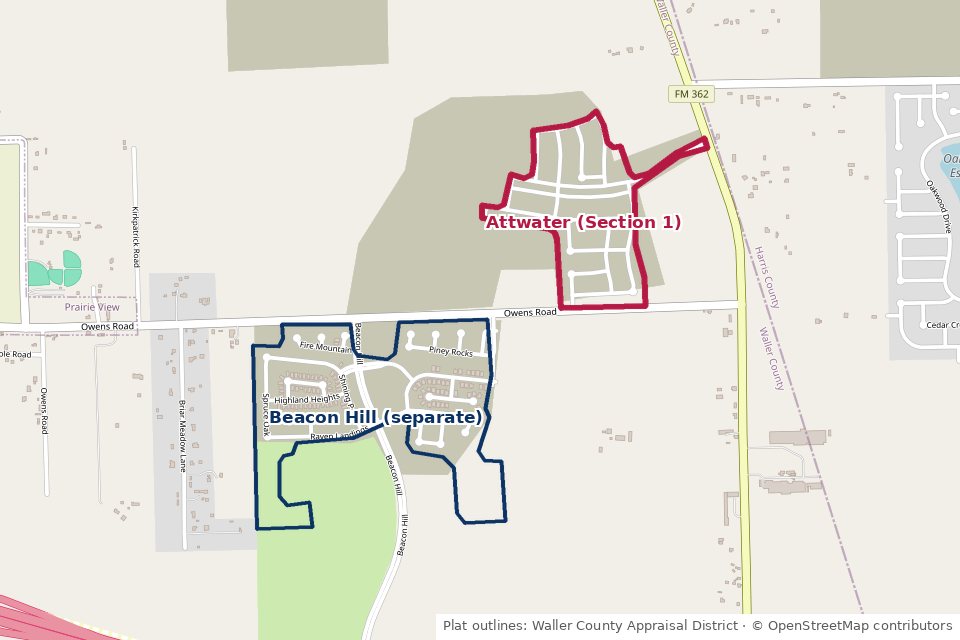 Map of Attwater Section 1 in Waller, TX 77484, north of Owens Road and west of FM 362, with Beacon Hill outlined separately to the south