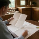 Structural engineer reviewing a foundation pier map and warranty paperwork at the kitchen table of a 1960s Houston house before buying a house with foundation repair