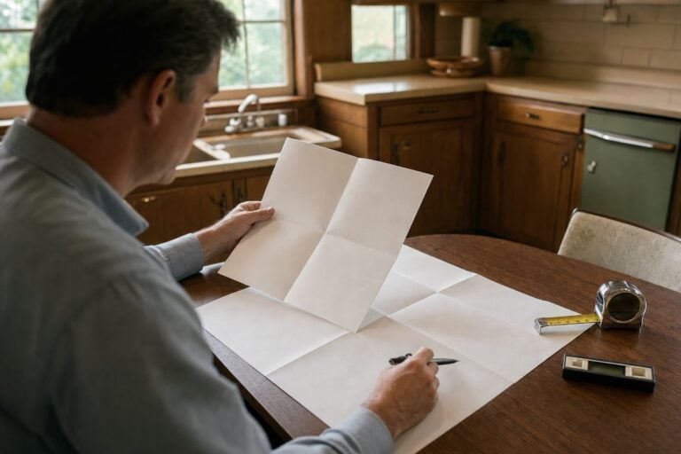 Structural engineer reviewing a foundation pier map and warranty paperwork at the kitchen table of a 1960s Houston house before buying a house with foundation repair