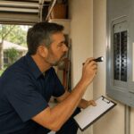 Home inspector checking the breaker panel in the garage of a 1960s ranch house while buying an older home in Houston