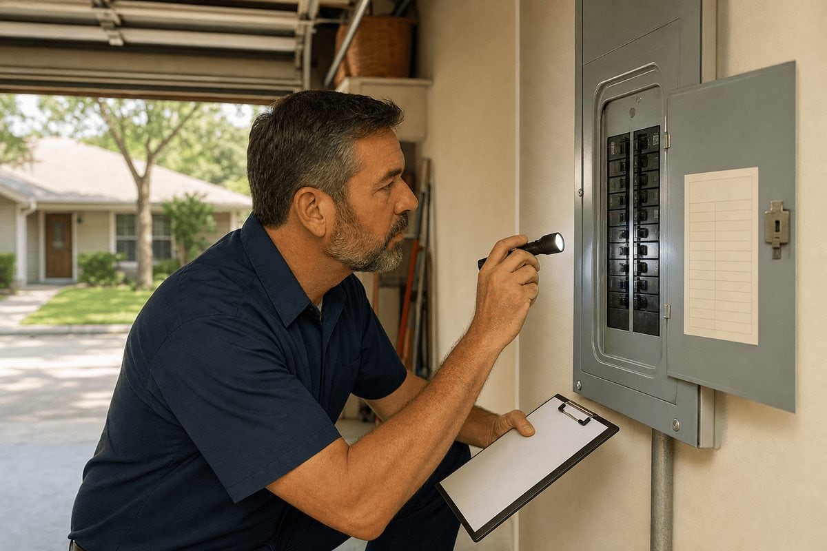 Home inspector checking the breaker panel in the garage of a 1960s ranch house while buying an older home in Houston