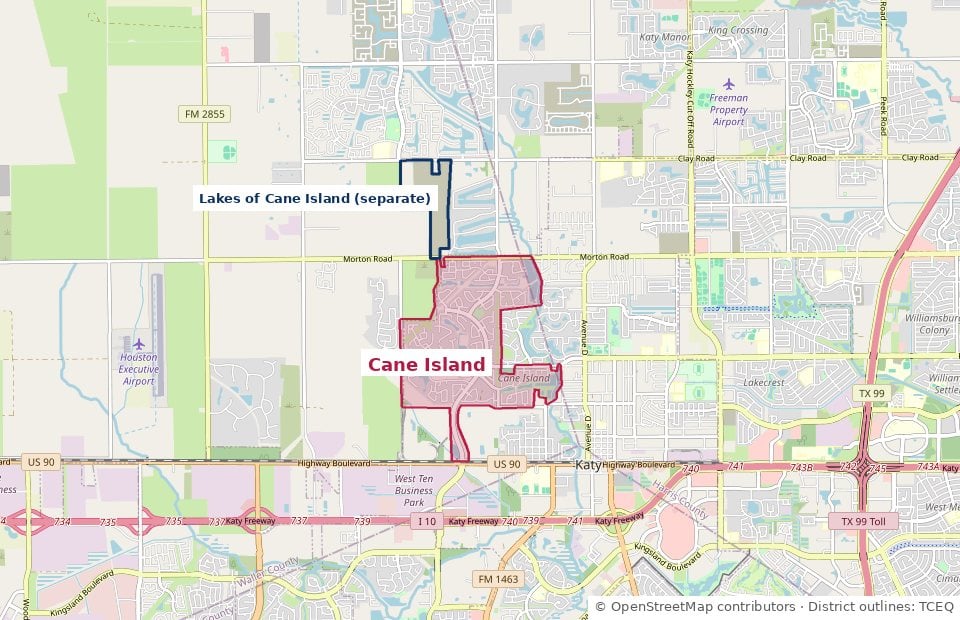 Map of Cane Island in Katy, TX 77493 — the Harris-Waller Counties MUD 3 boundary between US-90 and Morton Road, with Lakes of Cane Island outlined separately to the north