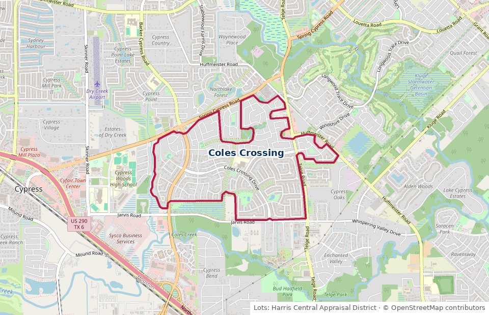 Map of Coles Crossing's recorded lots outlined in red from Harris Central Appraisal District records, between Spring Cypress Road and Jarvis Road, with Barker Cypress Road and Telge Road running through the community, in Cypress, TX 77429