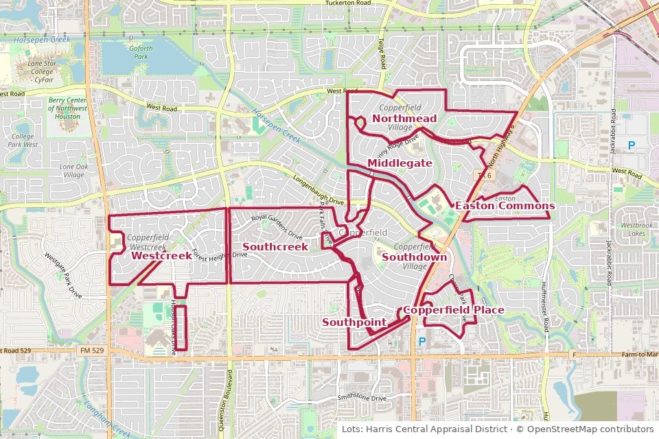 Map of Copperfield's seven villages, with Southpoint, outlined from appraisal district lot records between Barker Cypress Road, West Road, Highway 6 and FM 529 in Houston, TX 77095