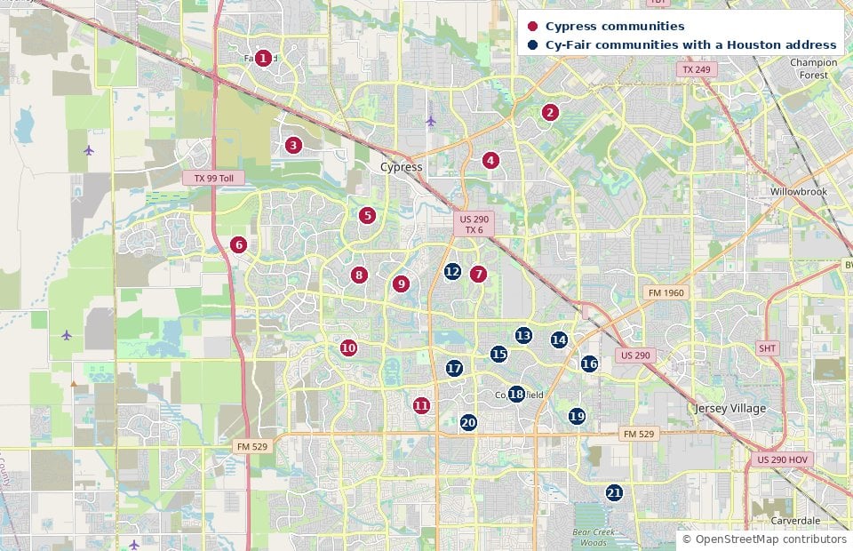 Map of the Cypress, Texas area with numbered pins for Cypress communities Fairfield, Longwood Village, Dunham Pointe, Coles Crossing, Blackhorse Ranch, Bridgeland, Stone Gate, Cypress Creek Lakes, Towne Lake, Miramesa, and Westgate, plus Cy-Fair communities with a Houston address Riata Ranch, Aberdeen, Copper Grove, Copper Village, Copperbrook, Copper Lakes, Copperfield, Hearthstone, Sheffield, and Concord Bridge