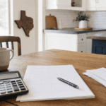 Debt-to-income ratio for a mortgage: calculator, pen and blank budget worksheets on a Houston kitchen table