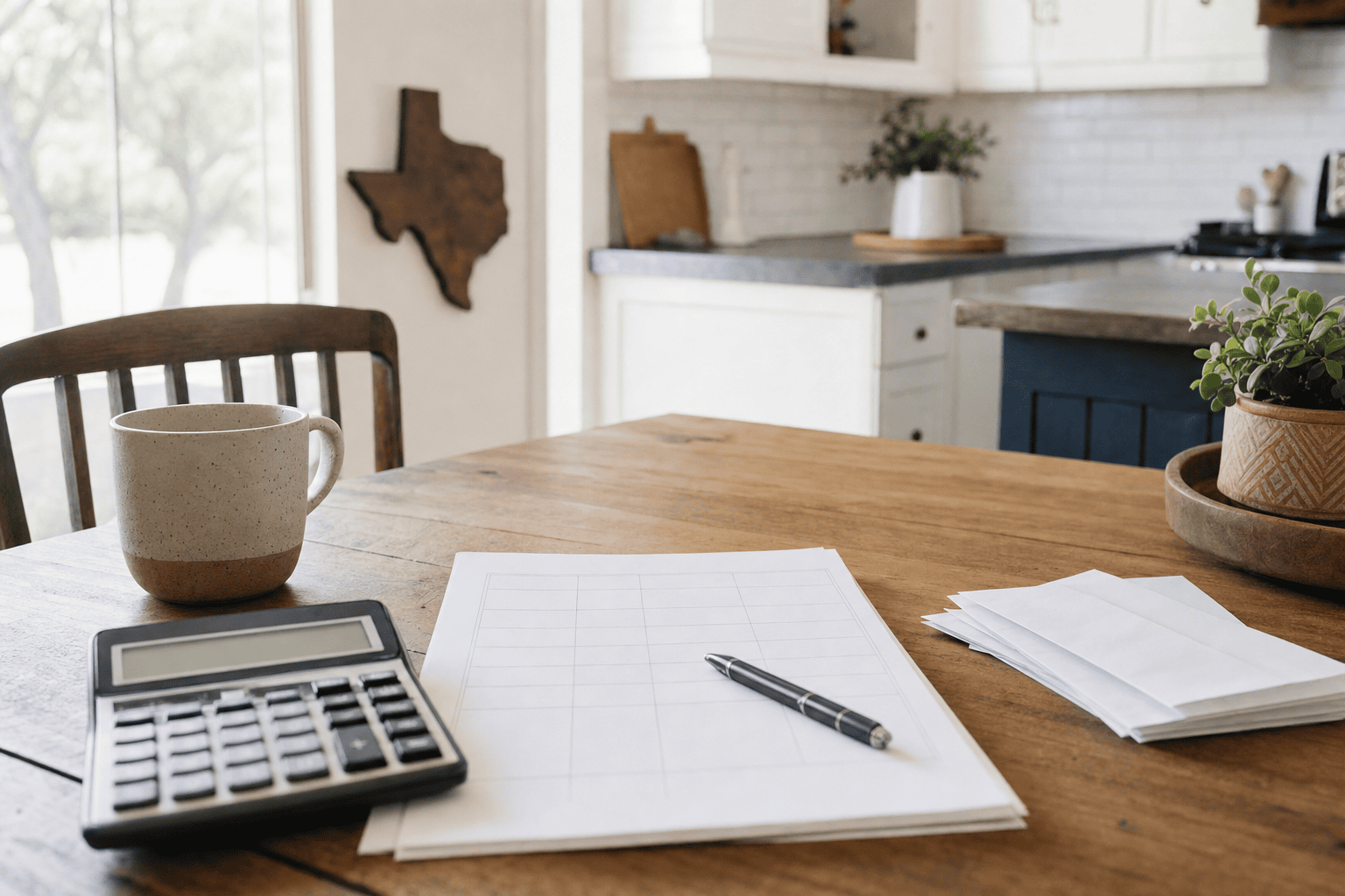 Debt-to-income ratio for a mortgage: calculator, pen and blank budget worksheets on a Houston kitchen table