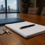 escrow holdback paperwork and keys on a Texas title company closing table
