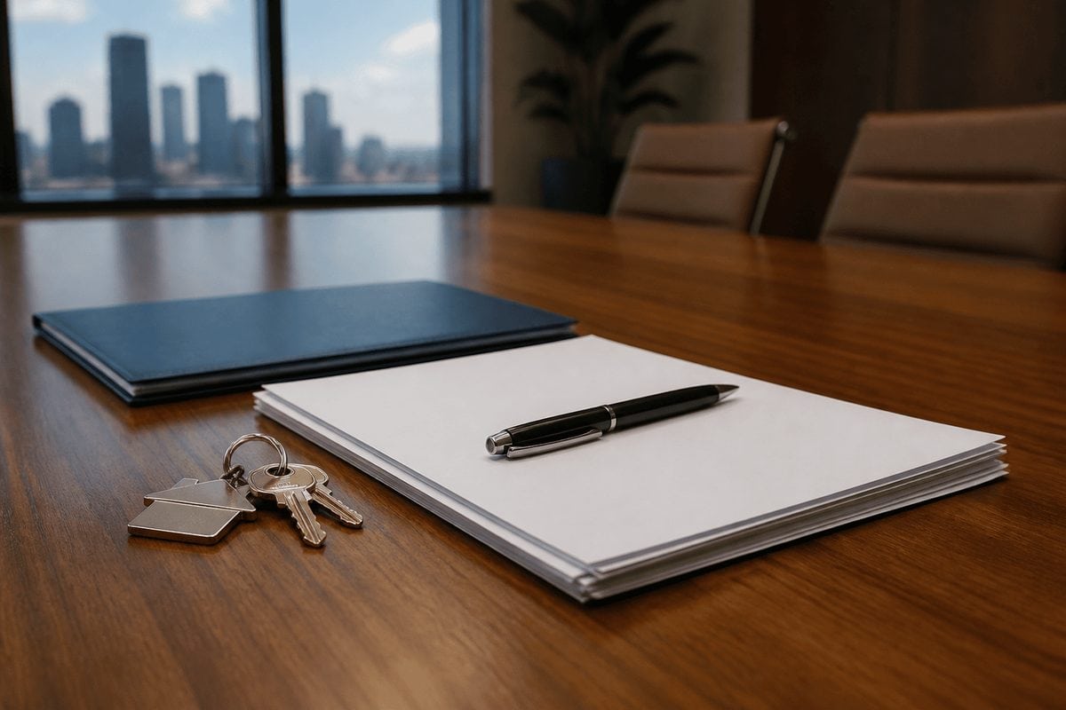 escrow holdback paperwork and keys on a Texas title company closing table