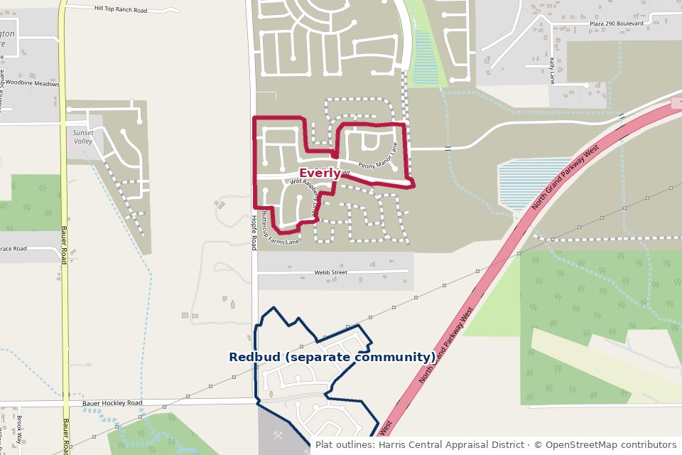 Map of Everly's recorded sections in Hockley, TX 77447, east of Hopfe Road and west of the Grand Parkway, with Redbud outlined separately to the south