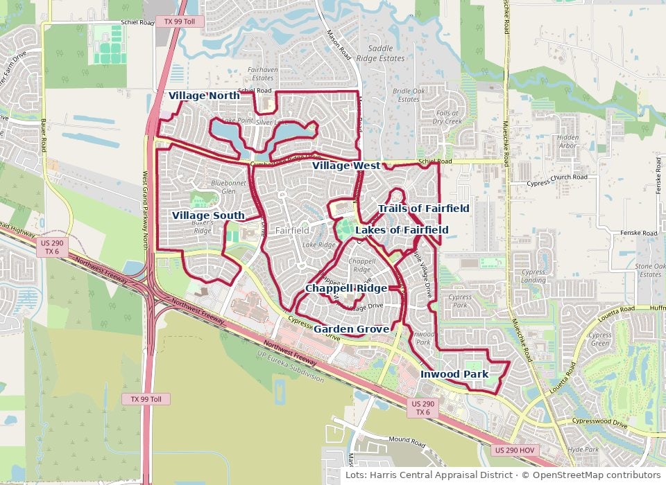 Map of Fairfield's eight villages outlined from Harris Central Appraisal District lot records, north of US-290 and east of the Grand Parkway, with Mason Road running north–south through the community, in Cypress, TX 77433