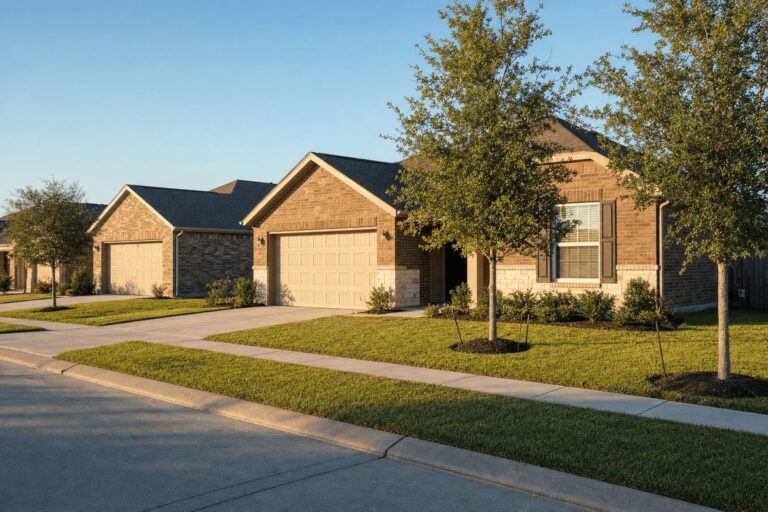 A first-time home buyer in Katy, TX starter street of one-story brick homes with two-car garages and young trees