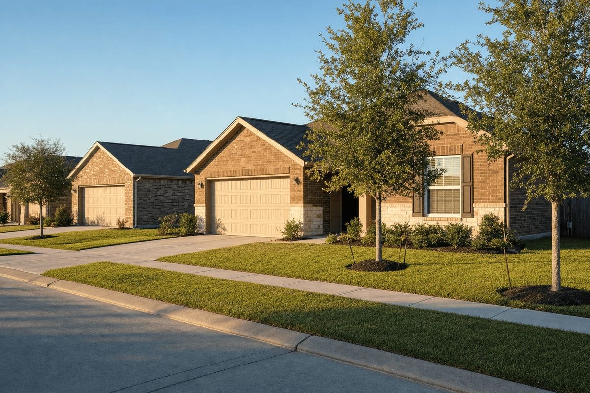 A first-time home buyer in Katy, TX starter street of one-story brick homes with two-car garages and young trees