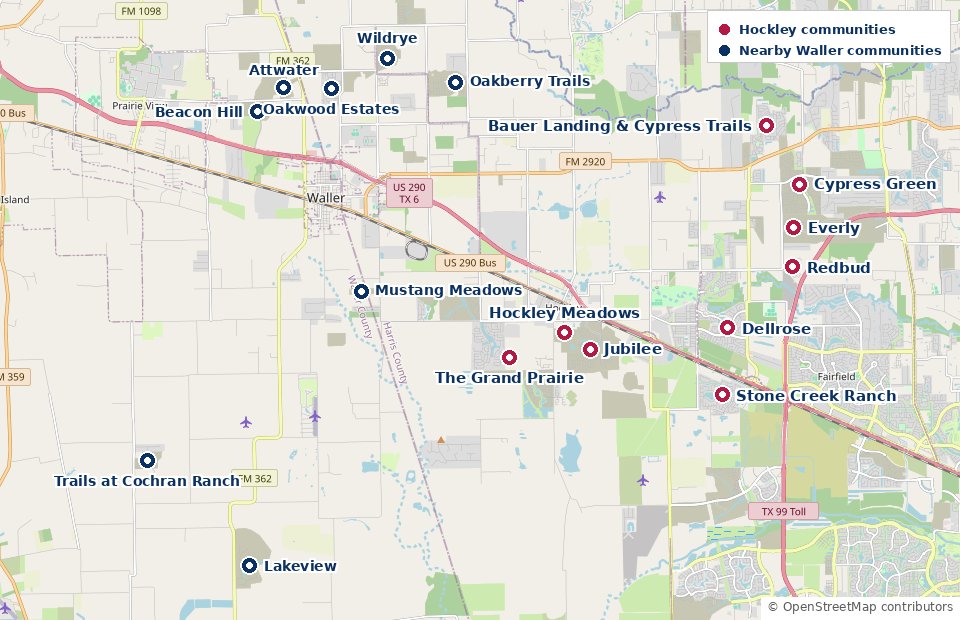 Map of the Hockley, Texas area showing Hockley communities Bauer Landing and Cypress Trails, Cypress Green, Everly, Redbud, Dellrose, Hockley Meadows, Jubilee, The Grand Prairie, and Stone Creek Ranch, plus nearby Waller communities Wildrye, Oakberry Trails, Attwater, Oakwood Estates, Beacon Hill, Mustang Meadows, Trails at Cochran Ranch, and Lakeview, along US-290 and the Grand Parkway