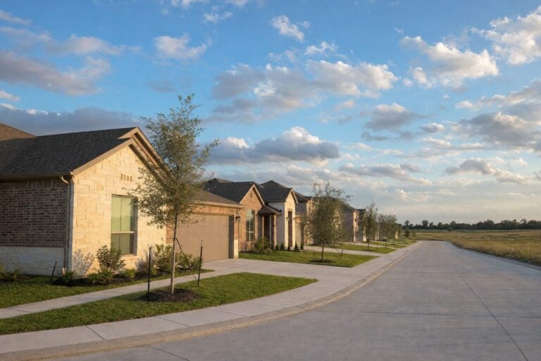 Hockley vs Cypress: a street of new brick-and-stone homes ending at open prairie along the US-290 corridor northwest of Houston