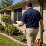 Home appraisal checklist: an appraiser measures the exterior of a well-kept Houston-area brick home