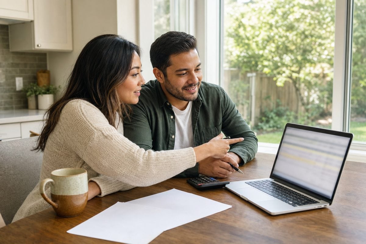 Houston couple at their kitchen table working out whether it is a good time to buy a house in Houston