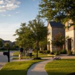 Katy vs Cypress: a family walking their dog along a tree-lined street of brick homes in a master-planned Houston suburb