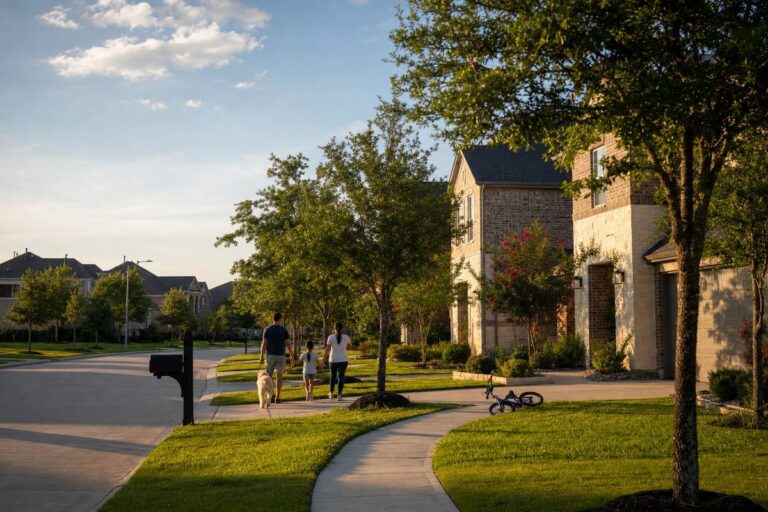Katy vs Cypress: a family walking their dog along a tree-lined street of brick homes in a master-planned Houston suburb
