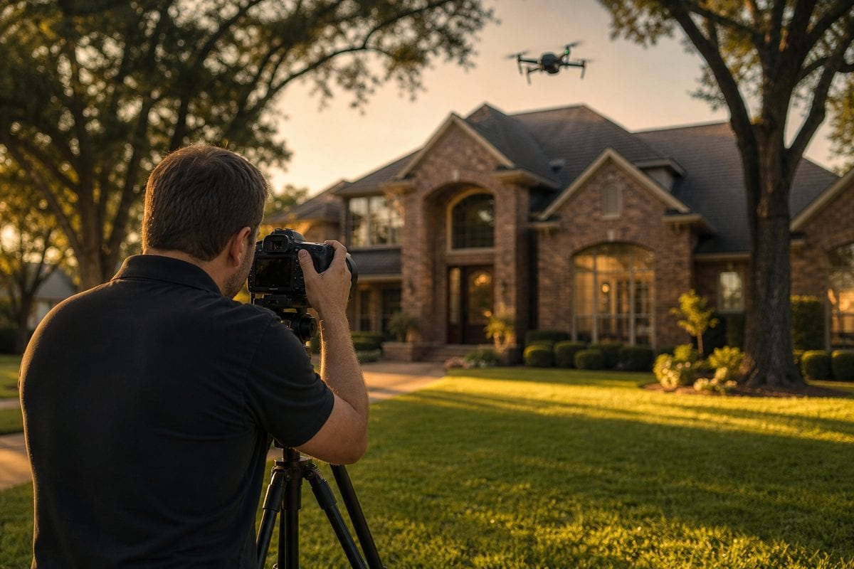 Real estate photographer with a tripod camera and a drone overhead photographing a two-story brick Houston home for its listing marketing plan