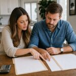 Houston buyer couple comparing new construction vs resale in Houston at a kitchen table with two folders