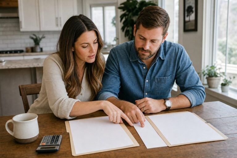 Houston buyer couple comparing new construction vs resale in Houston at a kitchen table with two folders