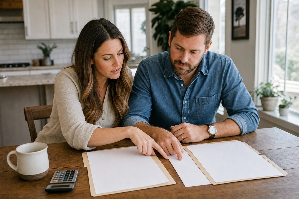 Houston buyer couple comparing new construction vs resale in Houston at a kitchen table with two folders