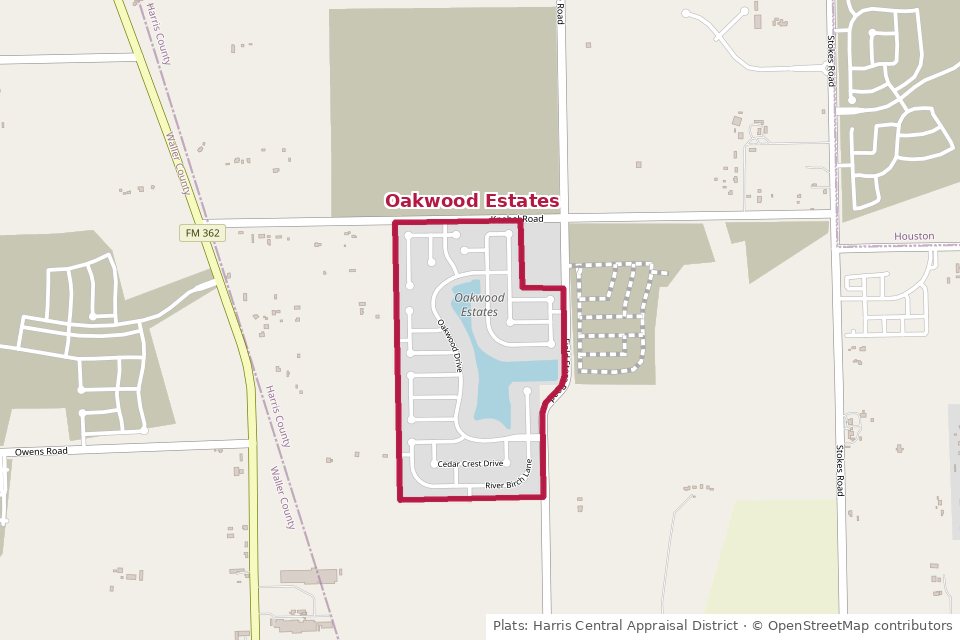 Map of Oakwood Estates' four recorded sections west of Field Store Road and south of Knebel Road, inside the City of Waller in Harris County, Waller TX 77484