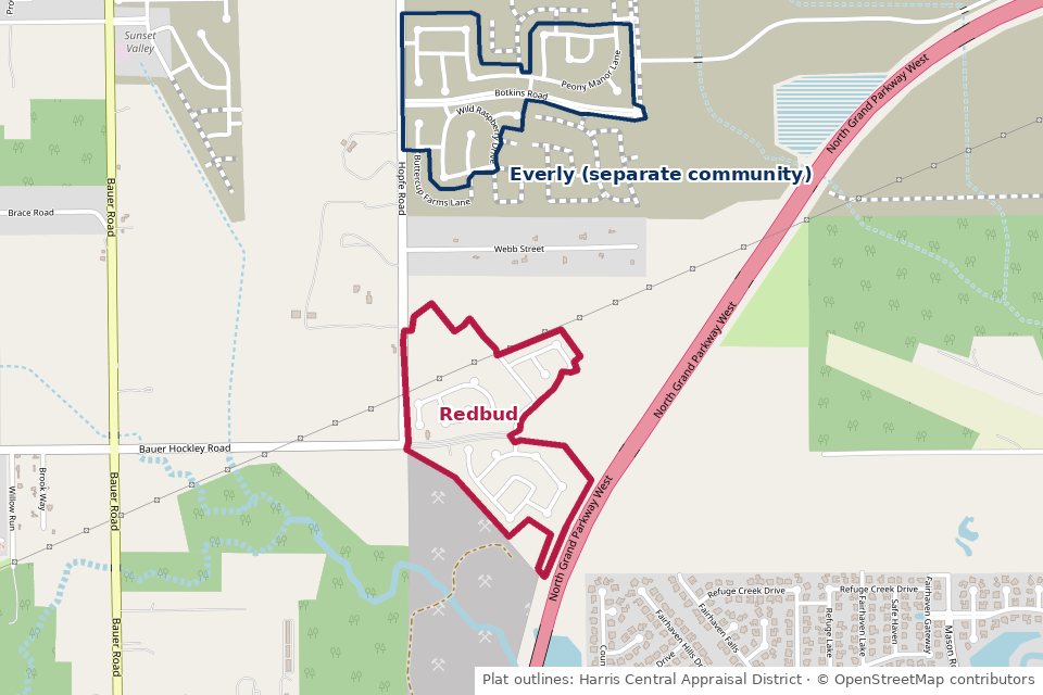 Map of Redbud Sections 1, 2, 4 and 5 in Hockley, TX 77447, east of Hopfe Road near the Grand Parkway, with Everly outlined separately to the north