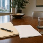 Release of earnest money in Texas: a closed folder, blank papers, a pen and house keys on a Houston title-company closing table