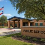 School districts in Houston TX: a brick public school building in Houston with a Public School monument sign and the U.S. and Texas flags