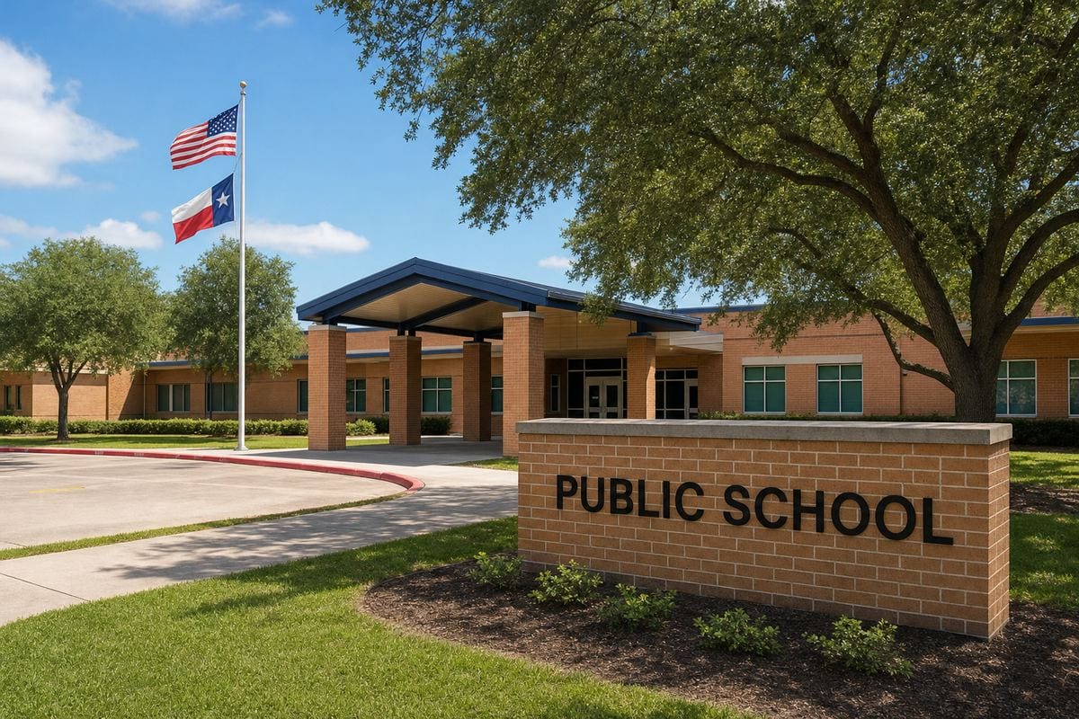 School districts in Houston TX: a brick public school building in Houston with a Public School monument sign and the U.S. and Texas flags