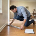 Structural engineer checking floor level in a 1960s living room before selling a house with foundation problems in Houston