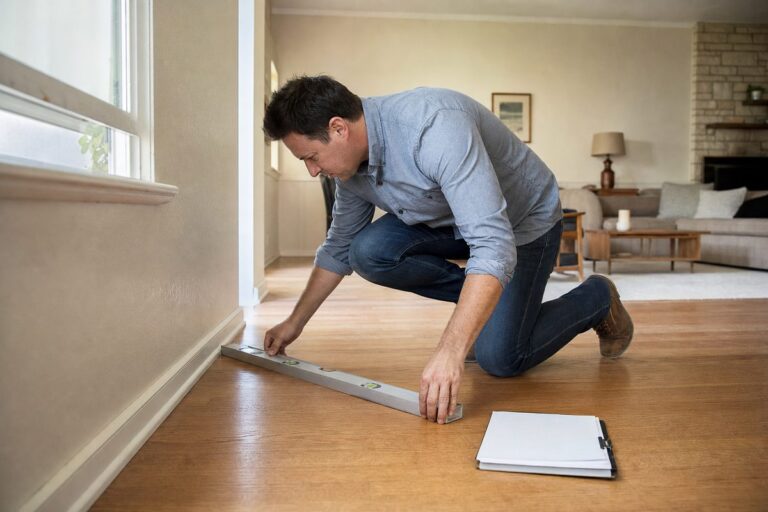 Structural engineer checking floor level in a 1960s living room before selling a house with foundation problems in Houston