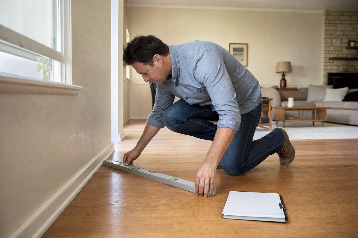 Structural engineer checking floor level in a 1960s living room before selling a house with foundation problems in Houston