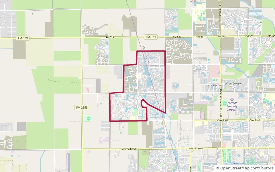 Map of Sunterra in far-northwest Katy, TX 77493 — approximate community outline west of Pitts Road between Clay and Beckendorff Roads, on the Harris–Waller county line